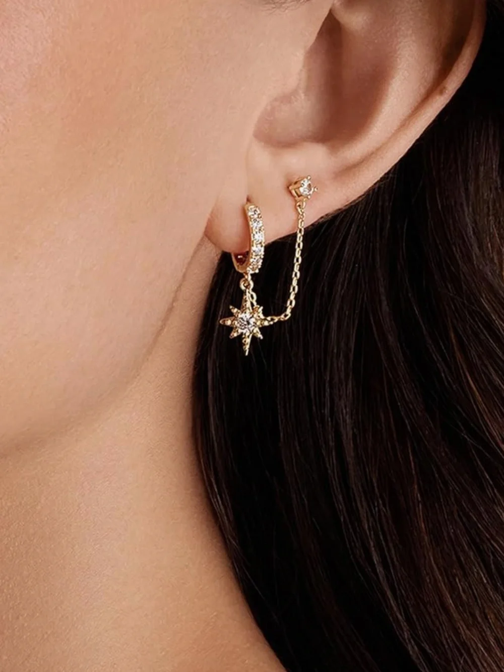 Anthropologie Gold Plated Starburst Chain Huggie Earrings with Clear Crystals